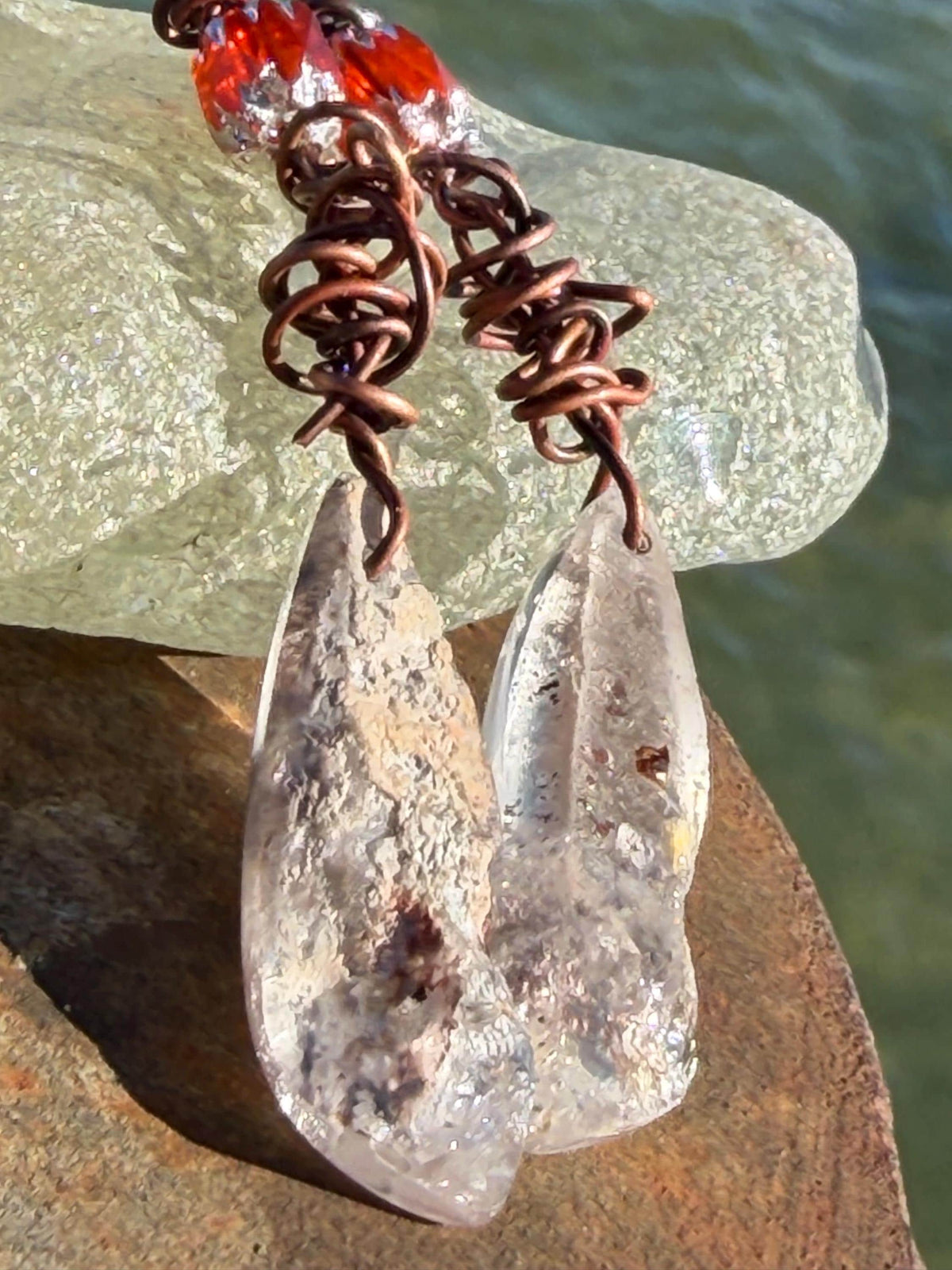 Ethically sourced ghost quartz gemstone earrings  on recycled copper. Handmade earrings. Ethical jewellery, boho jewellery. Unique earrings.