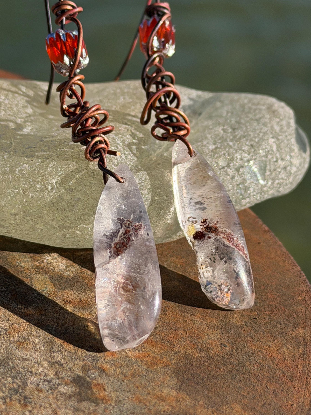 Ethically sourced ghost quartz gemstone earrings  on recycled copper. Handmade earrings. Ethical jewellery, boho jewellery. Unique earrings.