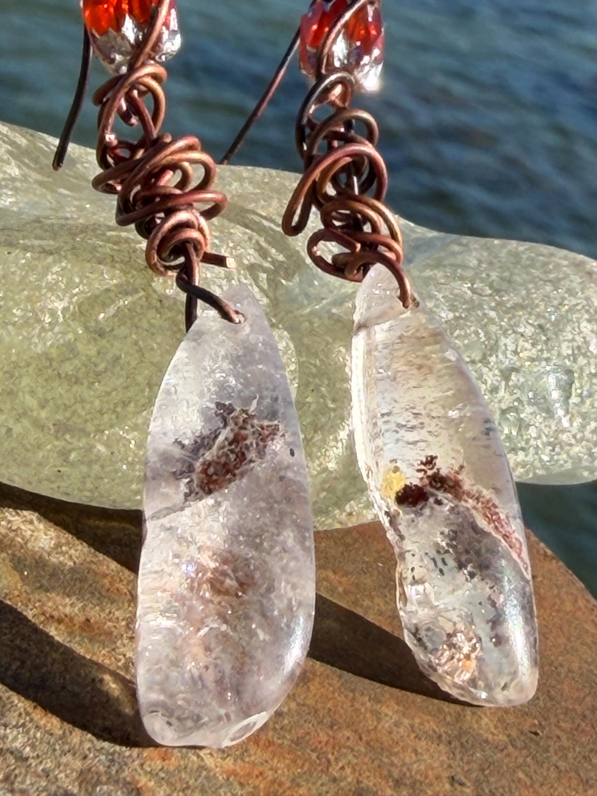 Ethically sourced ghost quartz gemstone earrings  on recycled copper. Handmade earrings. Ethical jewellery, boho jewellery. Unique earrings.