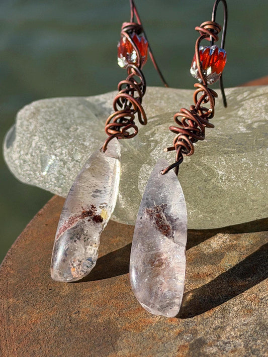Ethically sourced ghost quartz gemstone earrings  on recycled copper. Handmade earrings. Ethical jewellery, boho jewellery. Unique earrings.