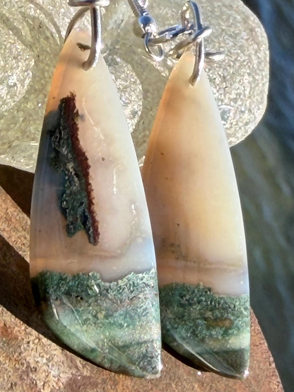 Agate gemstone earrings on recycled sterling silver. Handmade festive earrings. Ethical jewellery, boho jewellery. Unique earrings.