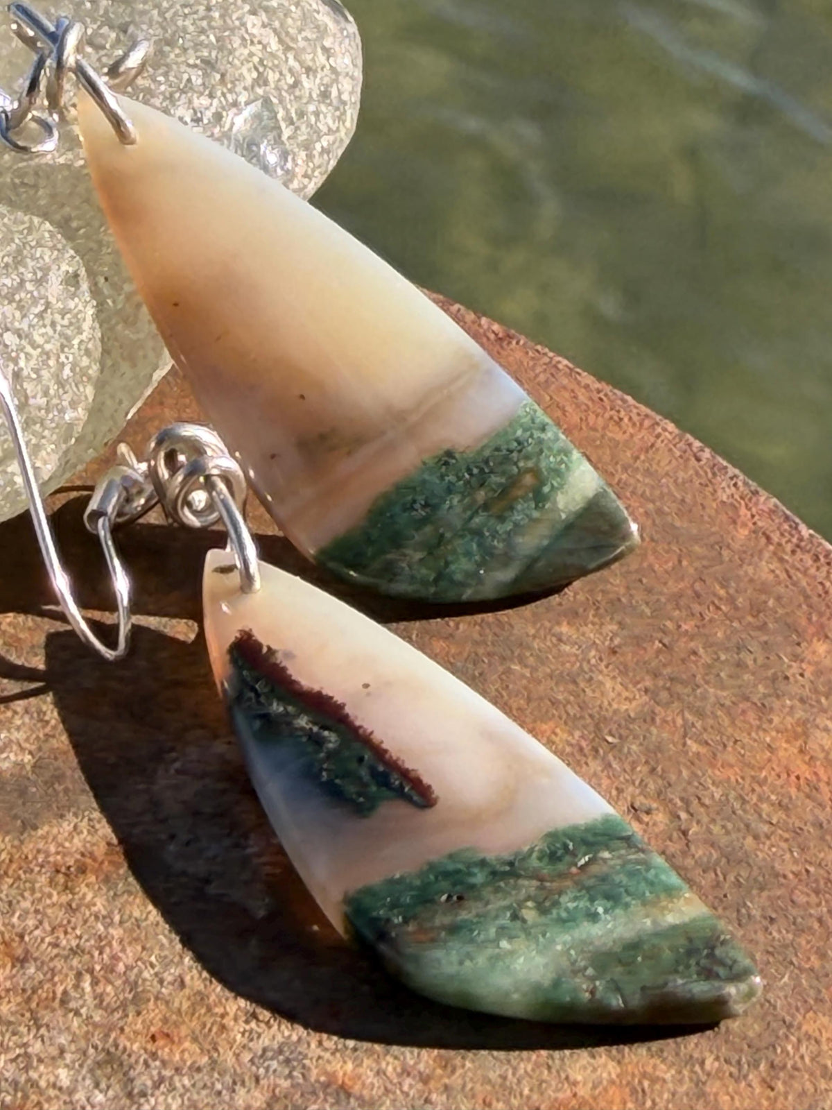 Agate gemstone earrings on recycled sterling silver. Handmade festive earrings. Ethical jewellery, boho jewellery. Unique earrings.