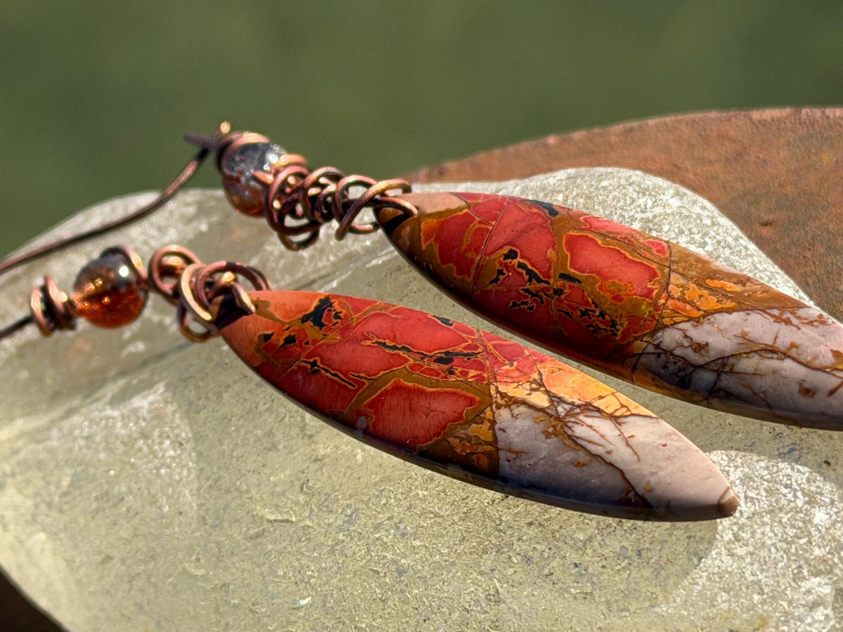 Picasso jasper gemstone earrings. Ethical jewellery, orange gemstone earrings. Stunning unique jewellery. Eco friendly unique earrings.