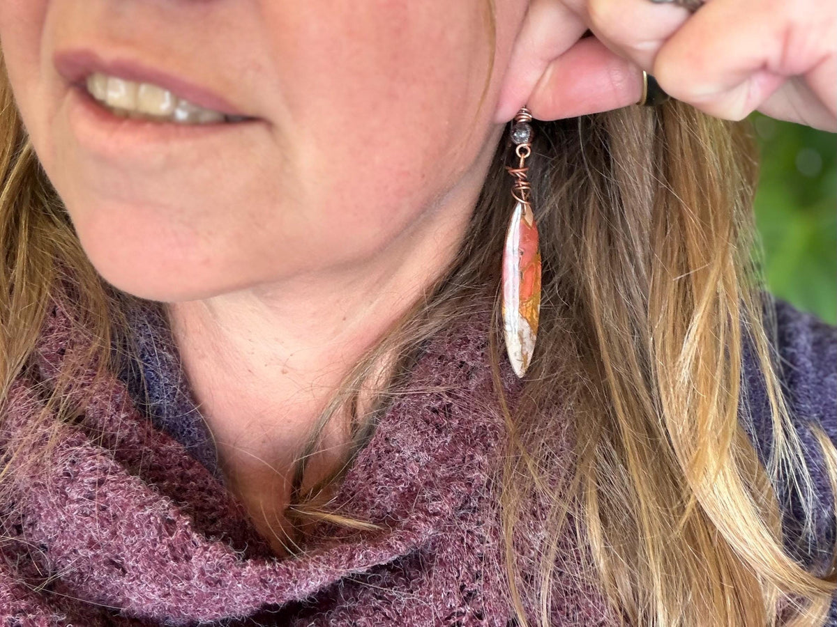 Picasso jasper gemstone earrings. Ethical jewellery, orange gemstone earrings. Stunning unique jewellery. Eco friendly unique earrings.