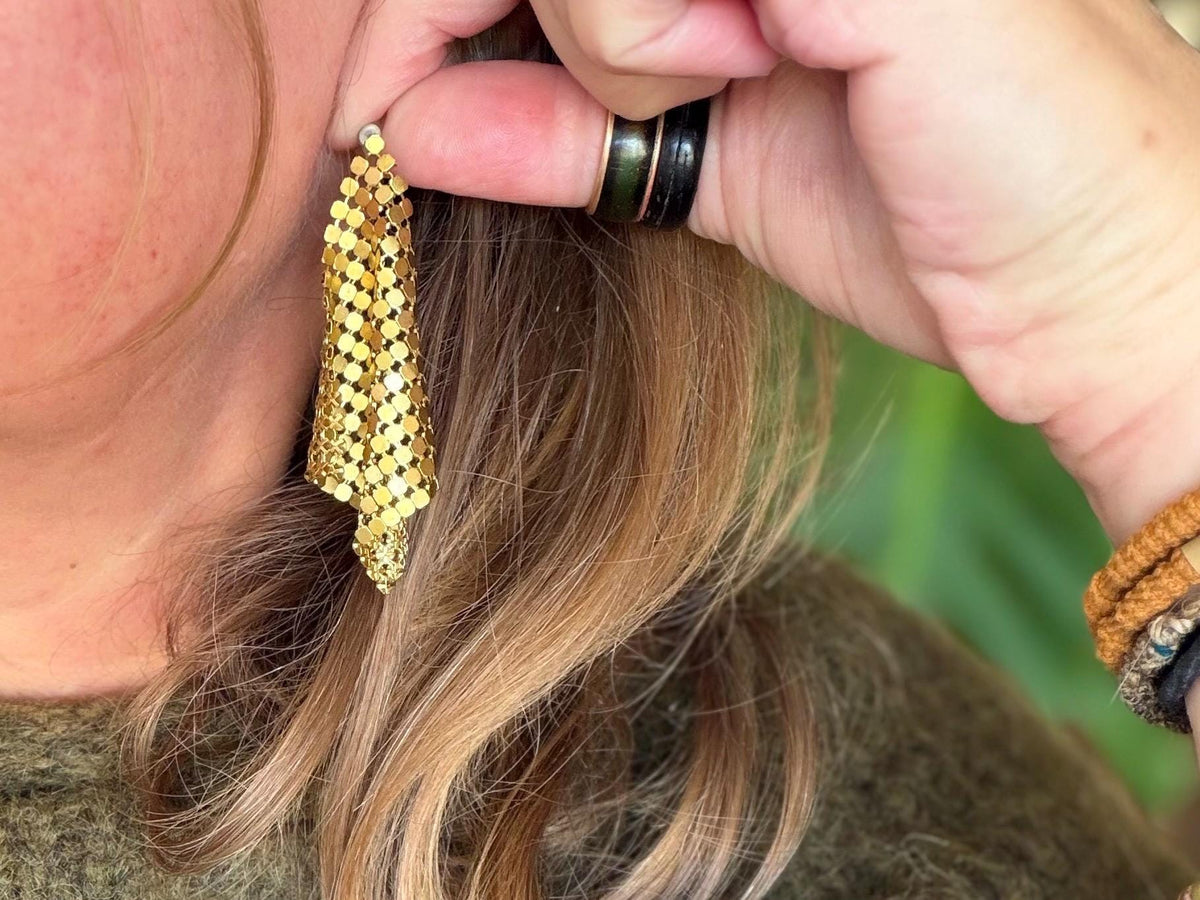 Eco friendly jewellery. Handmade ethical earrings made with recycled brass. Ethical boho dangly earrings. Gold party earrings.