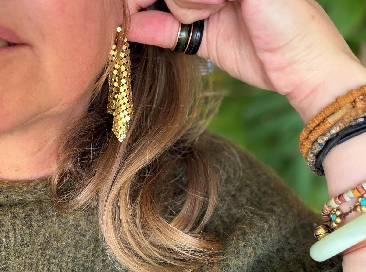 Eco friendly jewellery. Handmade ethical earrings made with recycled brass. Ethical boho dangly earrings. Gold party earrings.