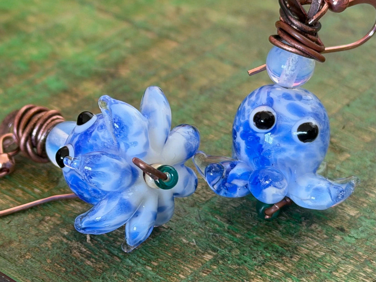 Glass octopus earrings made from recycled copper and glass. Octopus jewellery. Handmade earrings. Eco friendly jewellery.