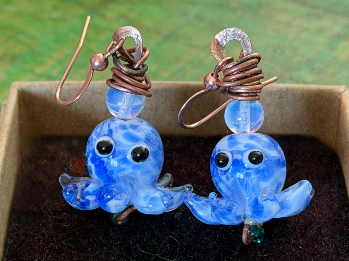 Glass octopus earrings made from recycled copper and glass. Octopus jewellery. Handmade earrings. Eco friendly jewellery.