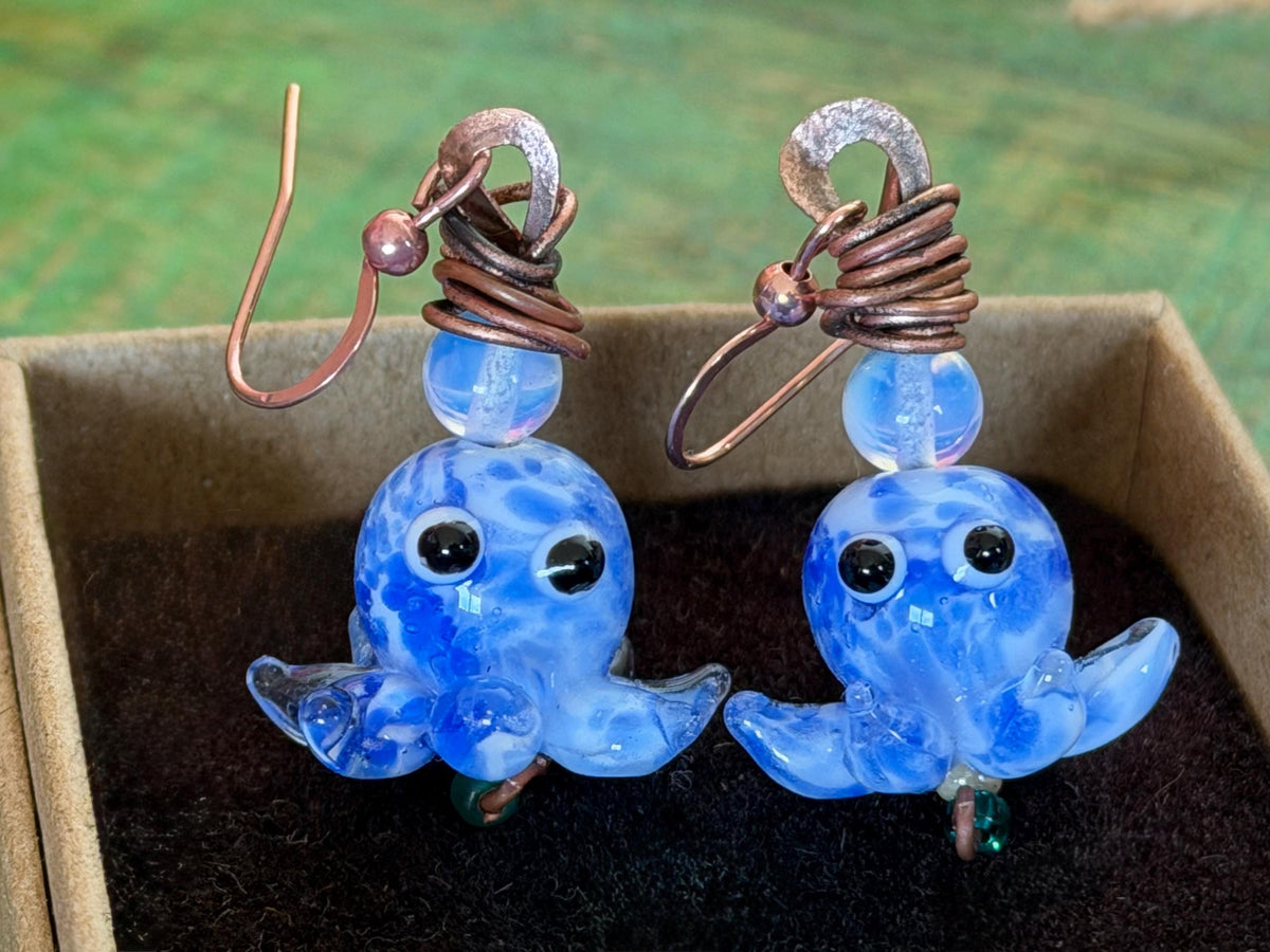 Glass octopus earrings made from recycled copper and glass. Octopus jewellery. Handmade earrings. Eco friendly jewellery.