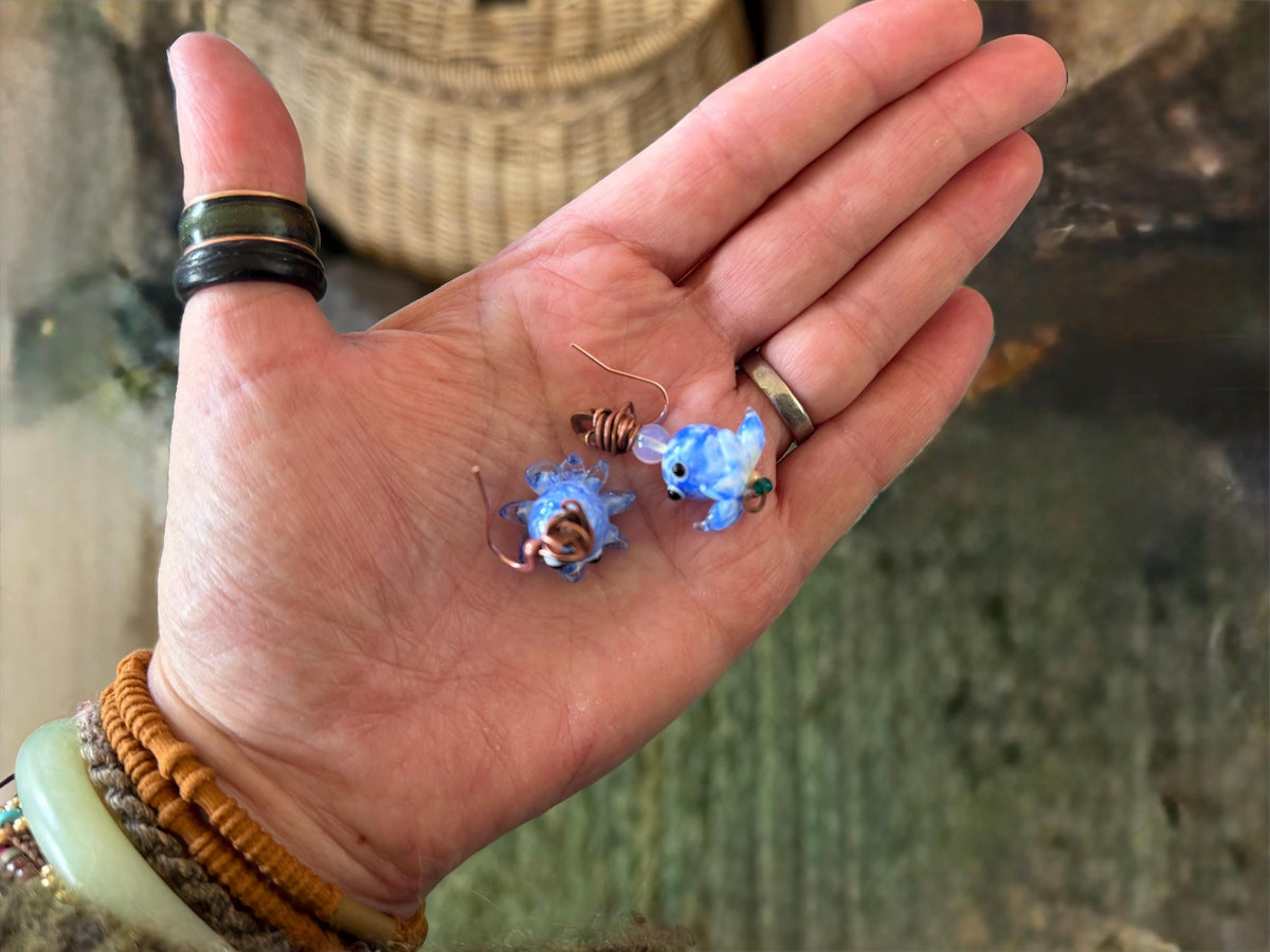 Glass octopus earrings made from recycled copper and glass. Octopus jewellery. Handmade earrings. Eco friendly jewellery.