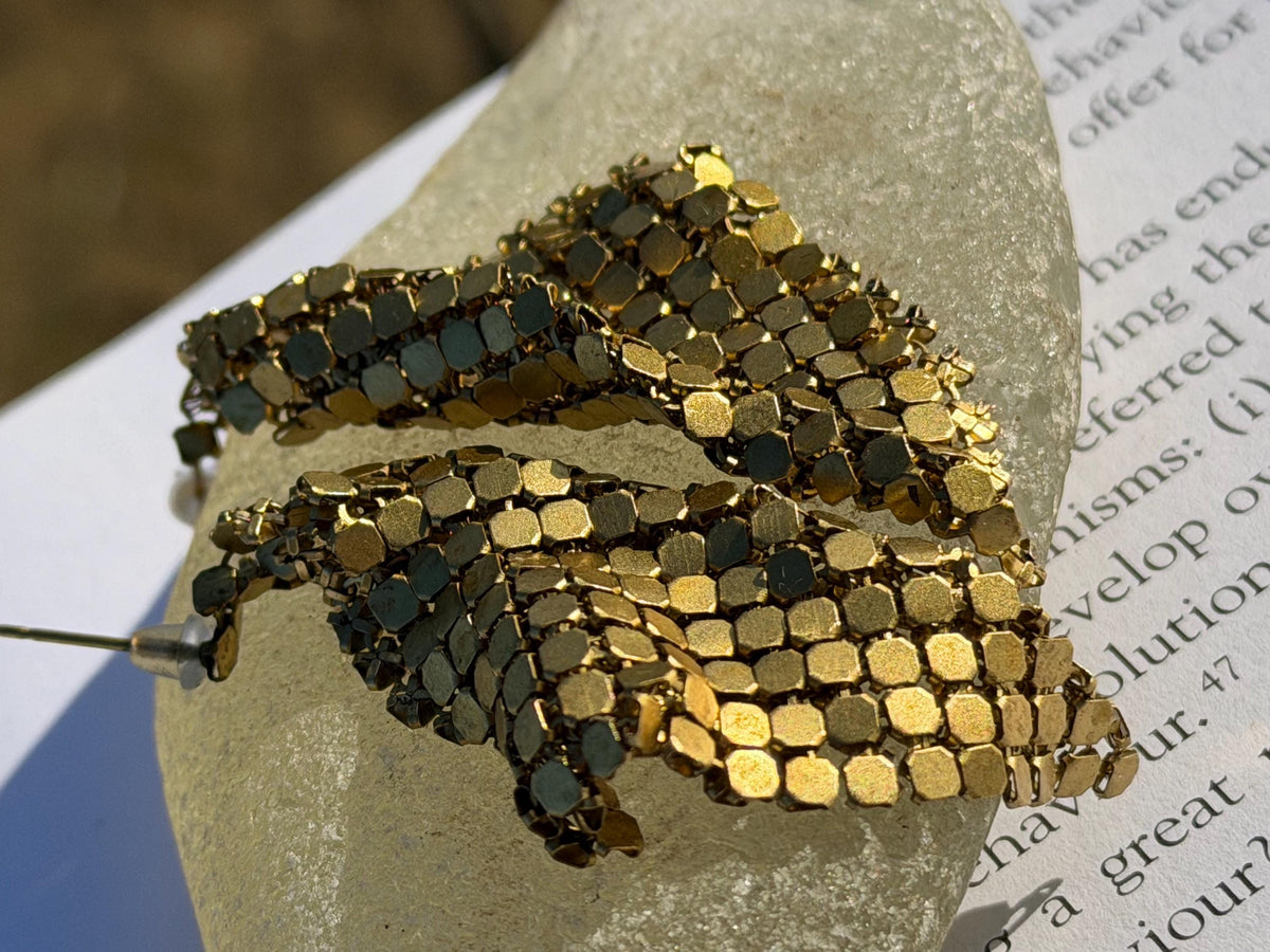Eco friendly jewellery. Handmade ethical earrings made with recycled brass. Ethical boho dangly earrings. Gold party earrings.
