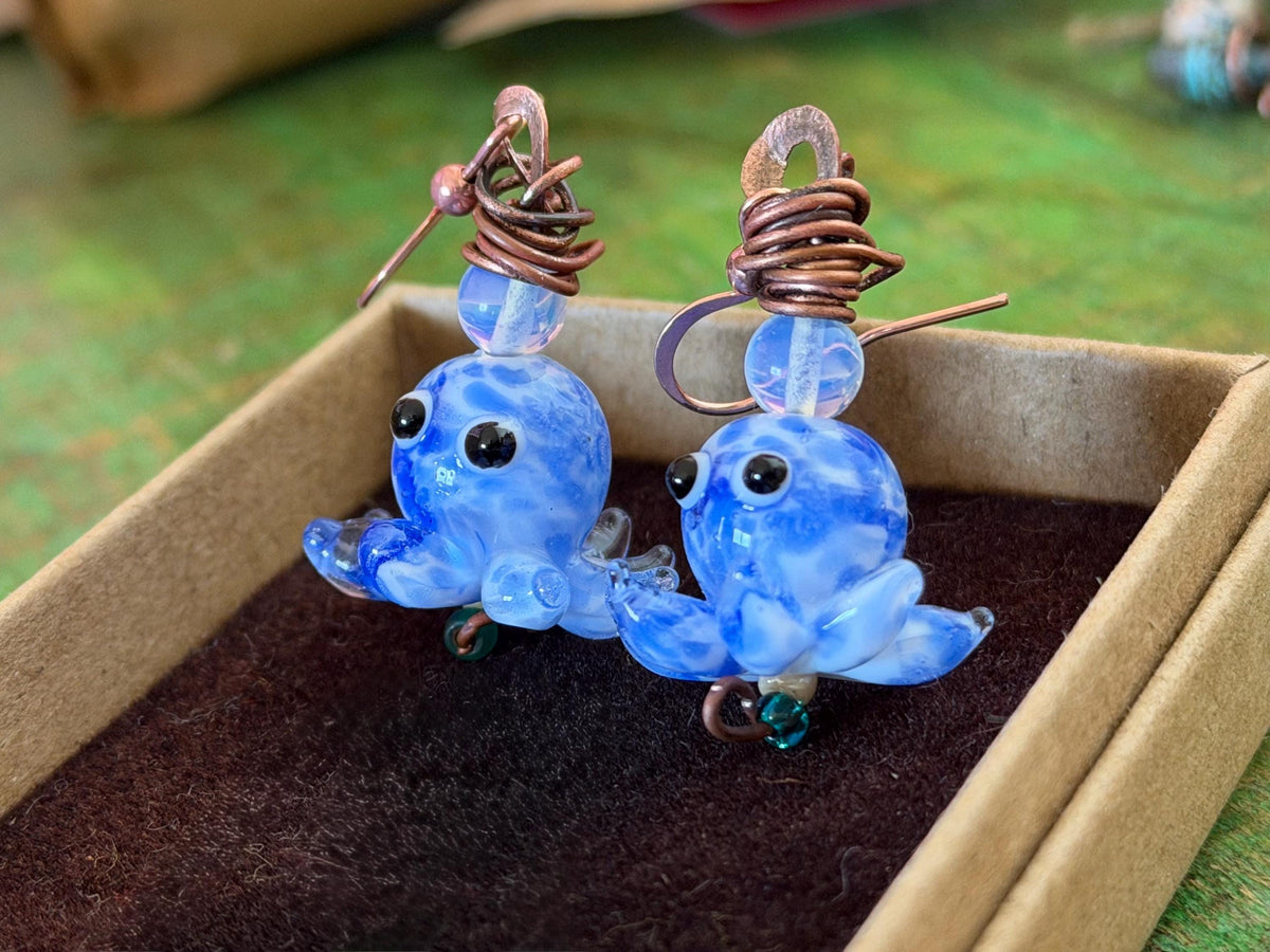 Glass octopus earrings made from recycled copper and glass. Octopus jewellery. Handmade earrings. Eco friendly jewellery.